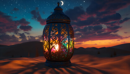 Ramadan Kareem - Arabic Lantern At Dawn In Desert With Crescent Moon In Starry Sky - Abstract Glitter In The Candlelight