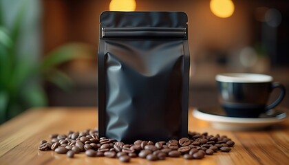 Empty black coffee bag mockup on wooden surface surrounded by coffee beans. Modern design packaging. Perfect for branding, product presentation. Ideal for advertising, design inspiration. Great