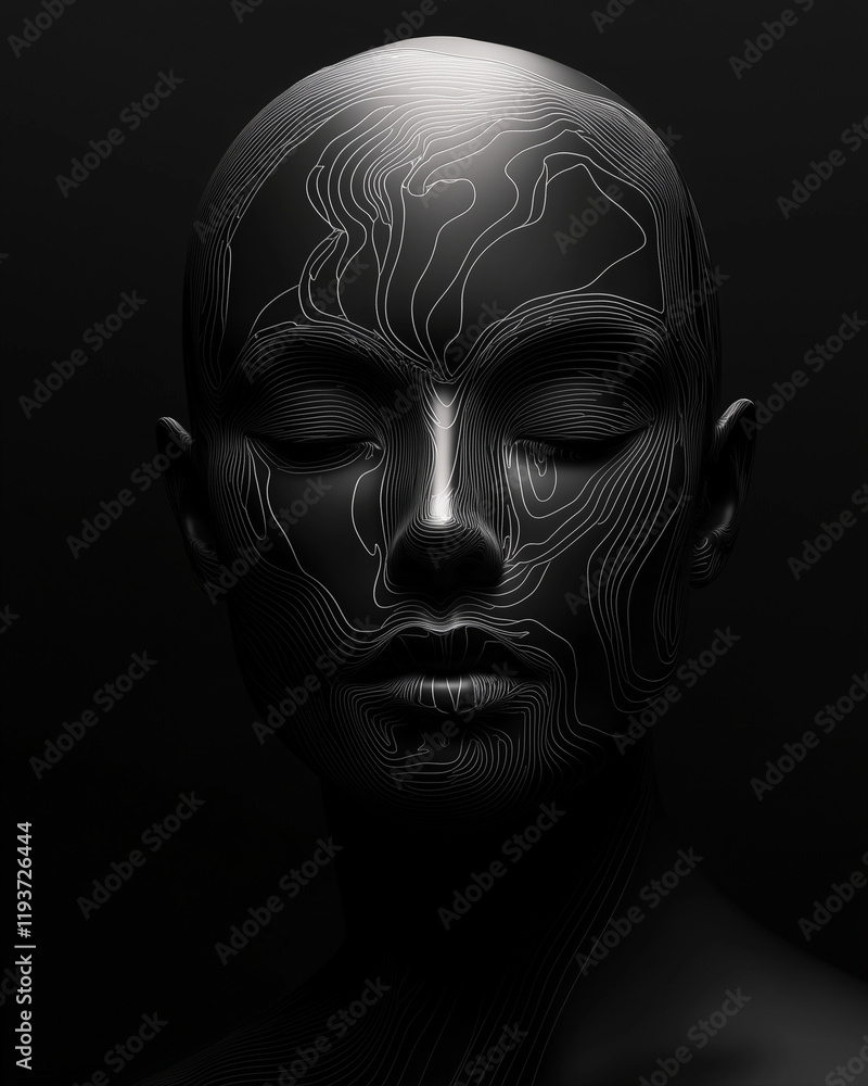 Poster Abstract human figure with intricate line patterns creating a unique portrait in a dark style