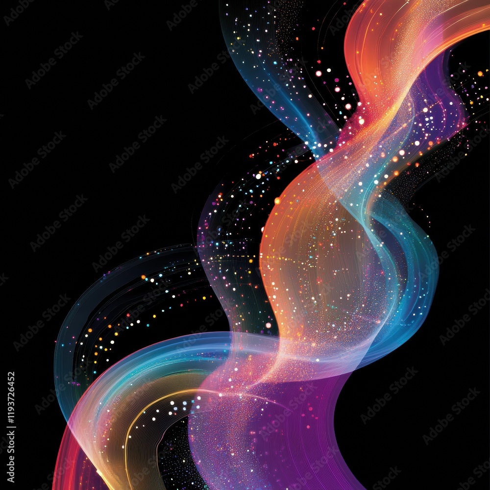 Poster Vibrant energy lines and dots represent dynamic communication and data exchange across a dark background. Generative AI