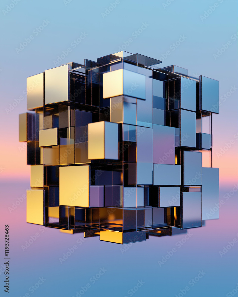 Poster 3d cube design structure with reflective surfaces in a modern abstract composition