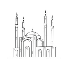 Islamic Mosque Line Art Illustration - Traditional Muslim Architecture with Minarets and Domes in Minimalist Black and White Architectural Drawing Style. Architectural themes design vector concept.