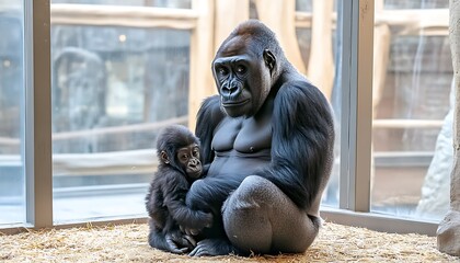 Gorilla mother tenderly cradling her baby in zoo enclosure