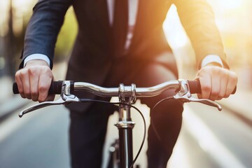 Businessman wearing a suit cycling to work