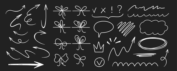 Hand drawn pencil arrows, scribbles, lines, bows, boxes. Doodle design elements of scribble underline lines. Vector illustration of hand painted crayon brush strokes.
