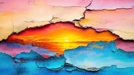 Vibrant sunset through torn canvas abstract art scene joyful atmosphere colorful environment artistic perspective creative expression
