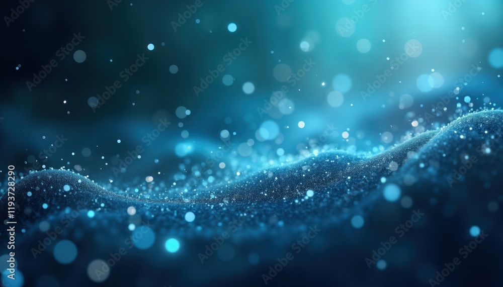 Aufkleber Abstract sparkling blue scene. Floating glowing particles create magical effect. Ideal for tech backdrop wallpaper design. Modern, ethereal atmosphere. Glowing blue dots, circles in various sizes.