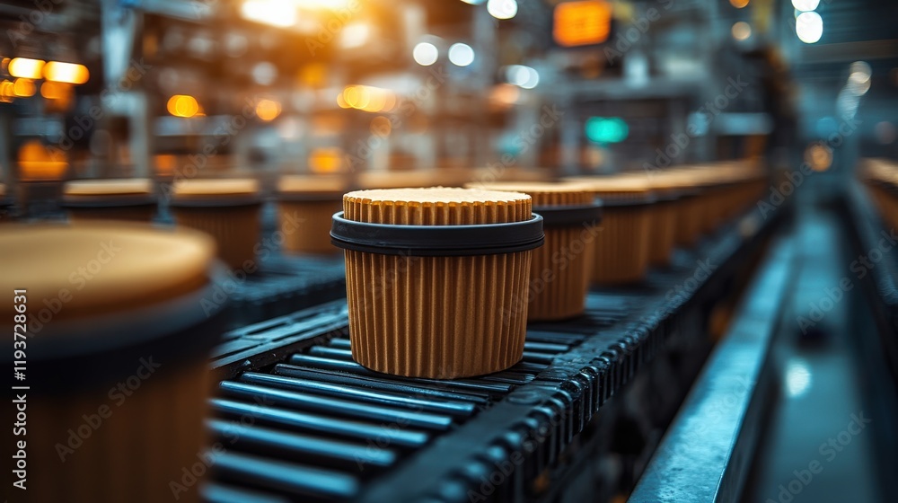 Poster industrial production line with orange containers on conveyor belt in modern factory setting highlig