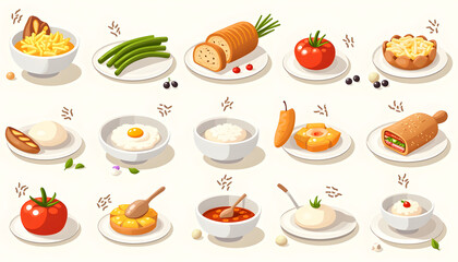 Culinary recipes: Vector images with ingredients for popular dishes and illustrations of cooking processes.
