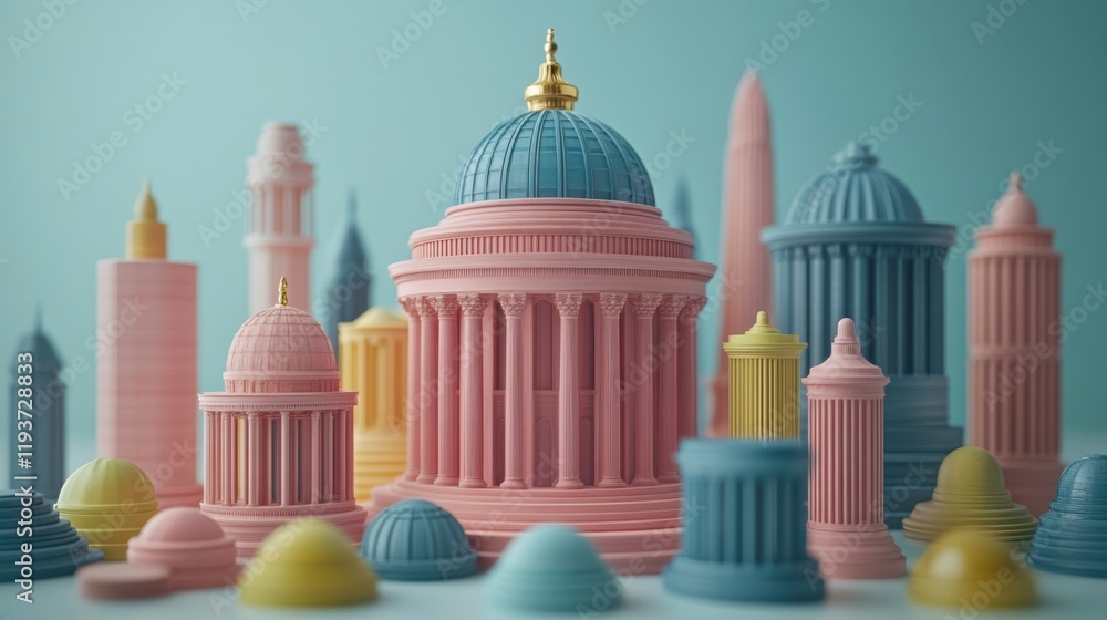 Poster colorful miniature architecture models featuring classical domes and modern skyscrapers set against 