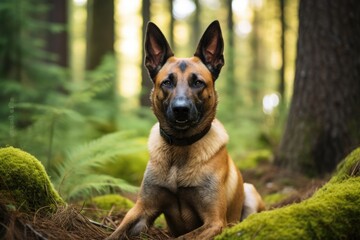 Portrait of Cute Belgian Malinois Shepherd - Pet Animal Breed in Green Forest