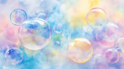 watercolor illustration of soap bubbles in soft pastel hues of blue, pink, yellow, and purple. The bubbles appear translucent and dreamy, creating a playful and whimsical design