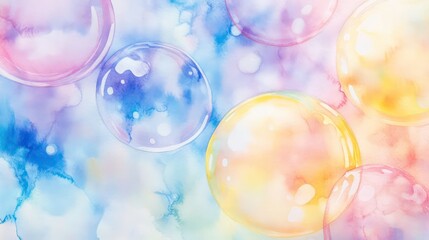 watercolor illustration of soap bubbles in soft pastel hues of blue, pink, yellow, and purple. The bubbles appear translucent and dreamy, creating a playful and whimsical design