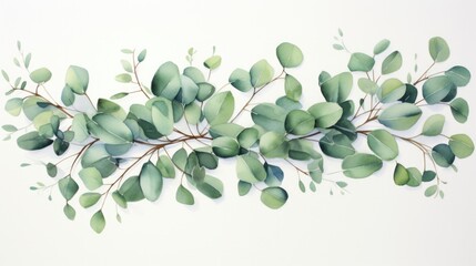 Romantic Watercolor Wreath with Green Eucalyptus Leaves, Branches and Herbs - Hand-painted Chaplet of Leaf, Twig, and Tree Branch Painting