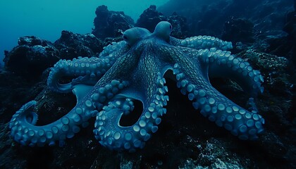 Mysterious Deep Ocean Octopus in Dark Blue Water