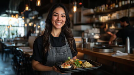 smiling waitress holding food tray in modern restaurant 