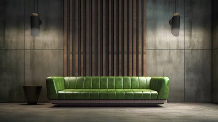 Modern green sofa in minimalist interior with concrete walls and wooden accents