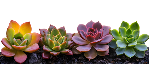 Four different colored succulent plants are lined up next to each other