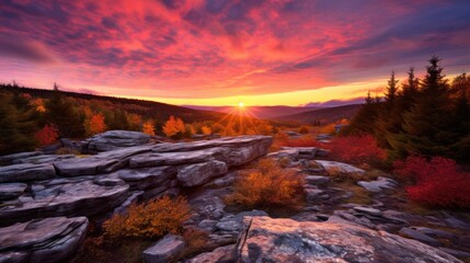 Naklejka premium Scenic Sunrise in Dolly Sods, West Virginia: Exploring the Appalachian Mountains during Autumn/Fall in America