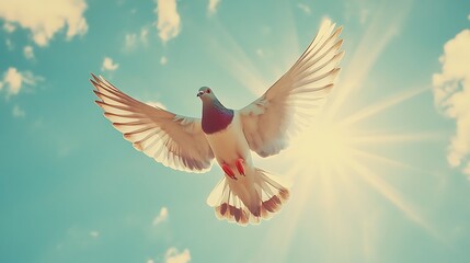 Obraz premium Pigeon in flight, soaring high above the clouds with the sun shining