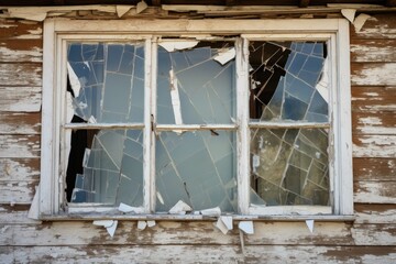 Shattered Reflections: A Broken Store Window with Cracked Glasses amidst Old White Walls and Wooden Door (AR 3:2)