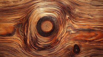 A detailed shot of a wood grain pattern with a prominent circular knot at its center, radiating concentric patterns that create a mesmerizing visual effect.