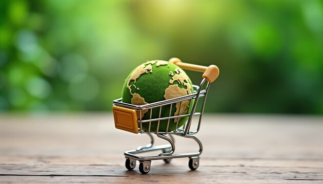 Miniature shopping cart carries green globe sustainable consumption. Eco-friendly choices ensure healthier future. Green planet in cart represents mindful eco-conscious consumerism. Image evokes