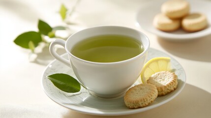 Fototapeta premium Refreshing green tea with lemon and biscuits on sunny morning