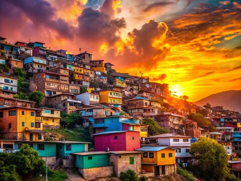Silhouette of vibrant houses on steep hillside, Medellin's Comuna 13, Colombia.