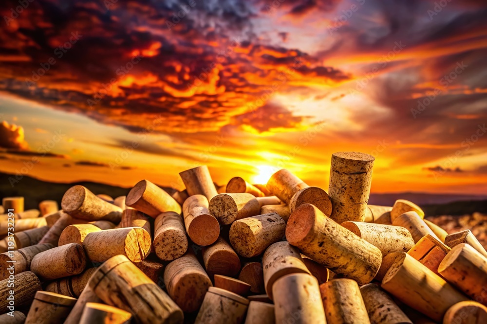 Wall mural Silhouette of Wine Corks Against Sunset, Stacked and Scattered