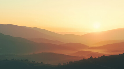 Serene mountain landscape at sunrise, with soft golden light illuminating the peaks, offering a tranquil backdrop ideal for promoting wellness retreats, yoga studios, or outdoor adventure experiences.
