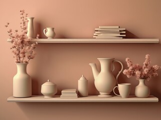 Stylish home decor with neutral pottery and flowers on shelves