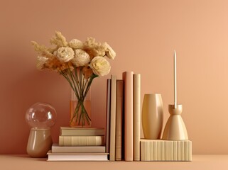Elegant arrangement of books and flowers on a stylish shelf in warm tones