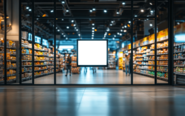 Modern Digital Billboard Mockup in a Bright Supermarket Interior Setting