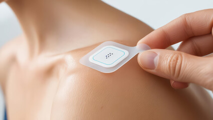 Close-up of a person applying a translucent biometric patch on their shoulder for real-time health tracking. Minimalist wearable tech.