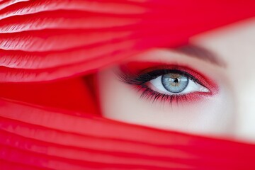 Close up portrait showcasing bold eye makeup with vibrant red drapery