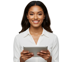 Beautiful smiling woman holding a tablet computer.