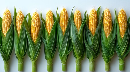 minimalist depiction of multiple corn cobs in a straight line stretching from left to right, each cob in light yellow shades with green husks