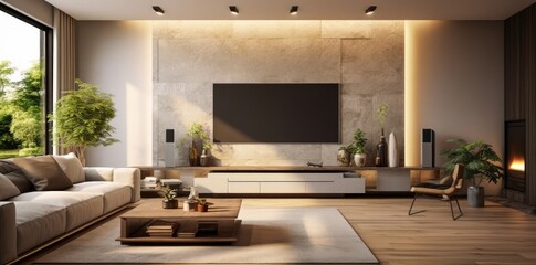Modern living room interior design with natural light and cozy decor