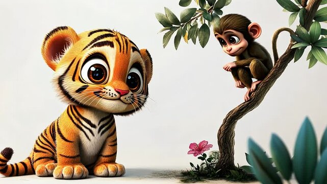 Adorable tiger cub and monkey in a whimsical scene.