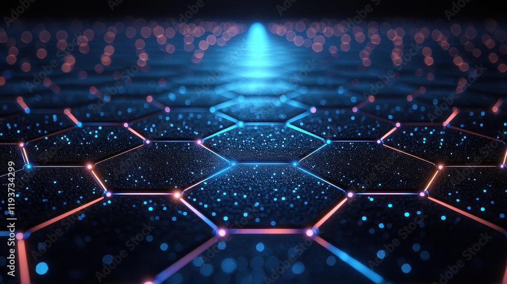 Poster conceptual illustration of stacked graphene layers showcasing precision and symmetry in a vibrant bl