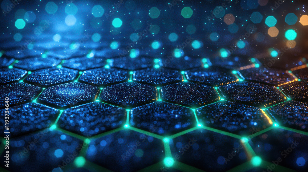 Poster futuristic representation of graphene's structure with glowing hexagons in space showcasing advanced