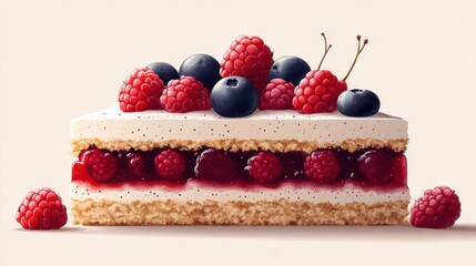 Fresh and Delicious Berry Cake with Raspberries and Blueberries on Creamy Layered Sponge for an Exquisite Dessert Experience