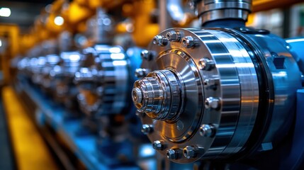 Fototapeta premium Close-Up of Precision Industrial Machinery Components Highlighting Metal Finish and Engineering Design in a Modern Factory Setting