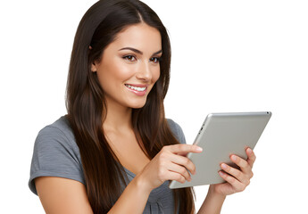 Naklejka premium Beautiful smiling woman holding a tablet computer.