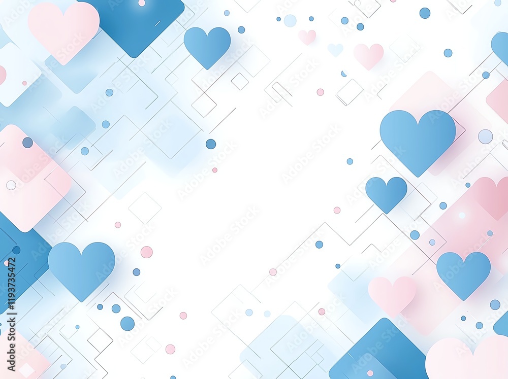 Poster a vibrant and playful abstract background featuring hearts and geometric shapes in soft blue and pin