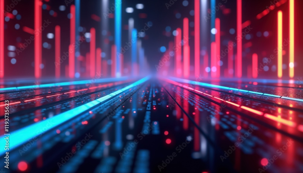 Poster Futuristic tech background shows vibrant neon glowing lines. Colorful laser beams form patterns in cyberspace. Digital data flow creates perspective view, resembling matrix hologram. Abstract graphic