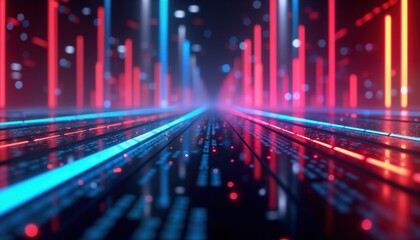 Fototapeta premium Futuristic tech background shows vibrant neon glowing lines. Colorful laser beams form patterns in cyberspace. Digital data flow creates perspective view, resembling matrix hologram. Abstract graphic
