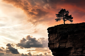 Majestic tree atop a jagged cliff during sunset under a vibrant sky with clouds