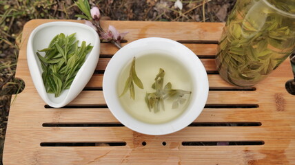 Chinese teapot and cups with longjing tea , Hangzhou China. . High quality photo